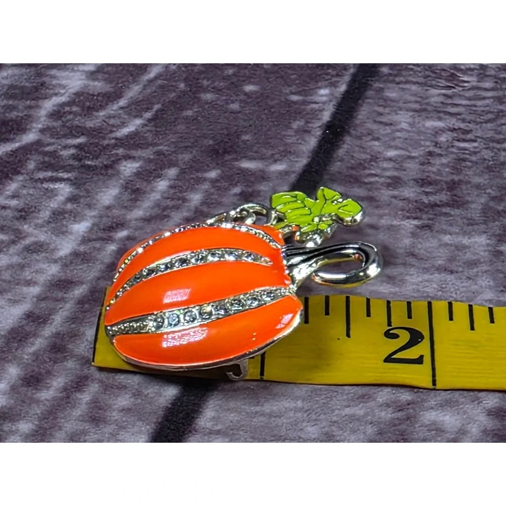 Orange Pumpkin Rhinestone Enamel Gold Tone Pin Brooch Fall Halloween